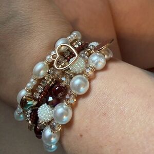 Bohemian Beaded Bracelet Set 5 Piece Pearl Heart Charm Stretchy Stackable‎